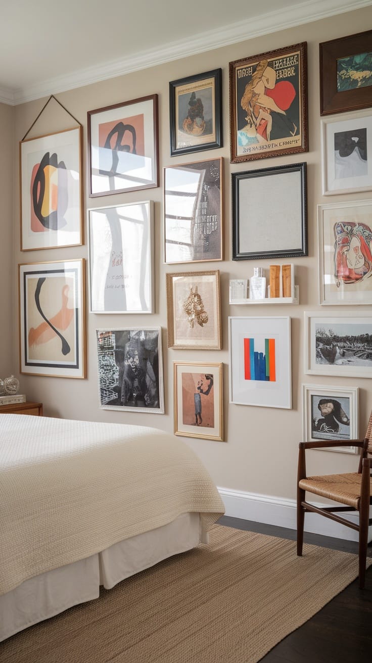A stylish bedroom with a wall covered in personalized art displays.