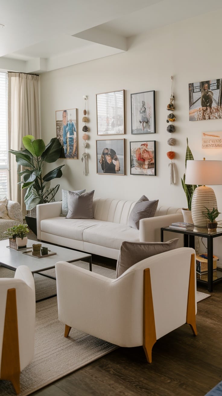 A modern living room featuring a gallery wall with framed art, a cozy couch, and decorative plants.