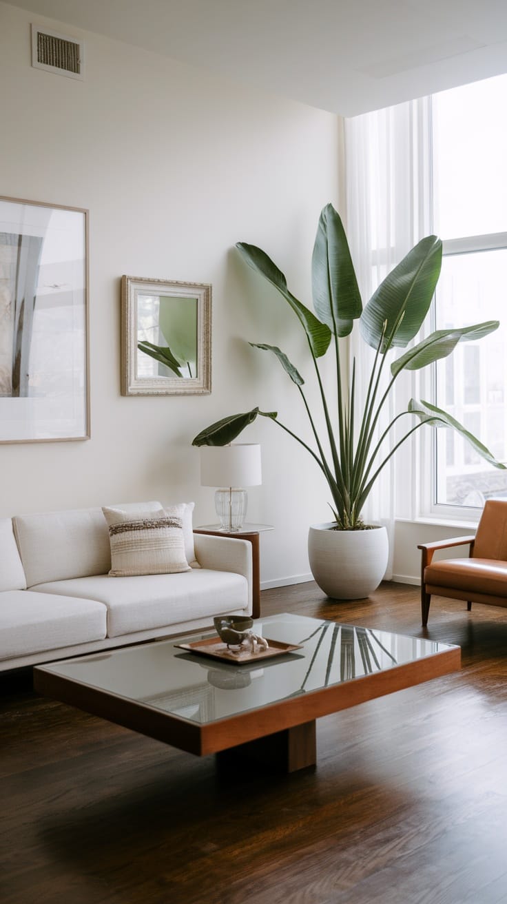 A modern living room featuring a large plant, light-colored sofa, and artistic decor.