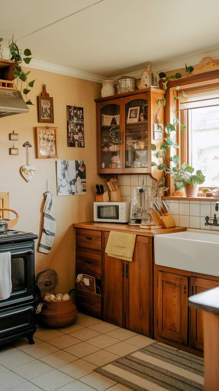 Cozy kitchen with family photos on the wall and wooden cabinets.