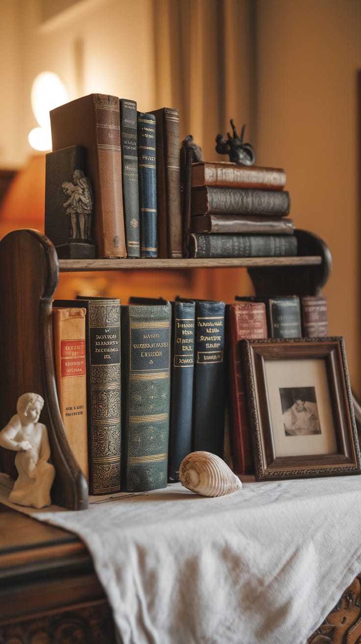 A vintage bookshelf displaying old books, a small sculpture, a seashell, and a framed photo on a soft cloth