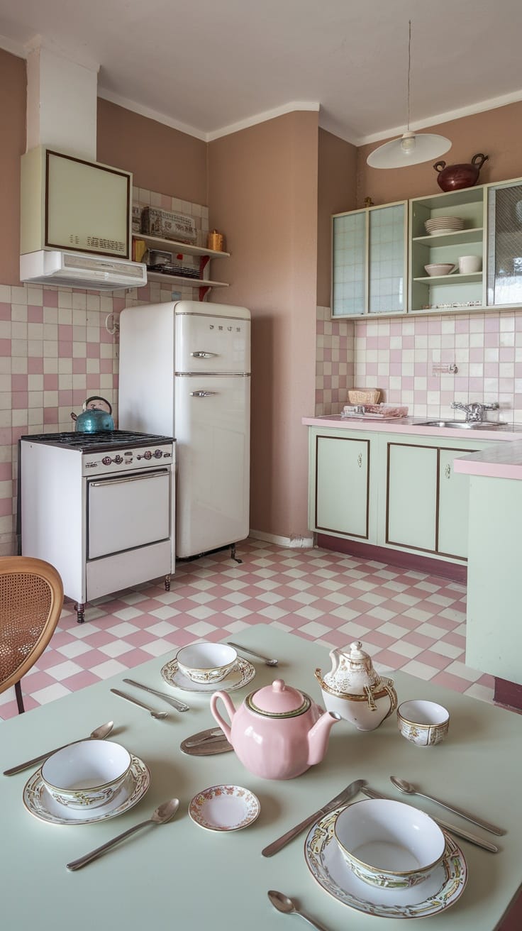 A retro pink kitchen featuring a pink and white checkerboard floor, pastel cabinets, and vintage tableware.