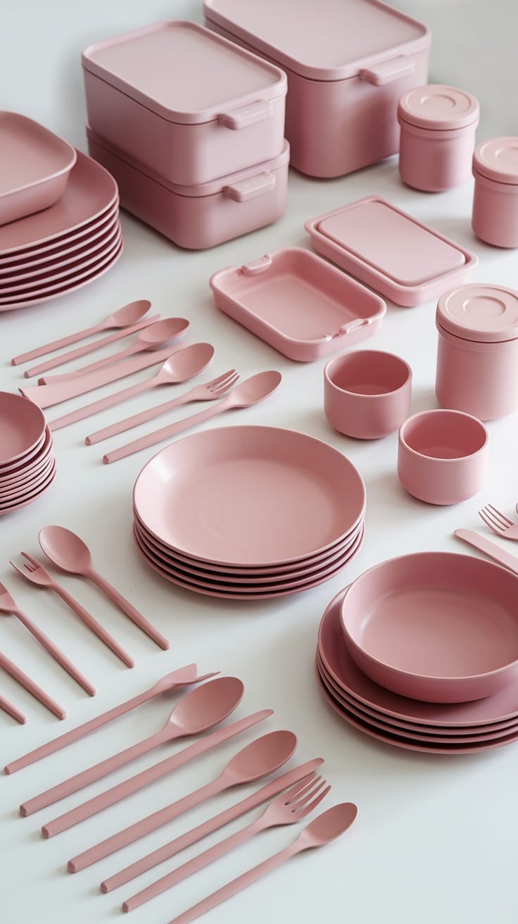 A collection of pink kitchen accessories including plates, utensils, and storage containers arranged neatly.
