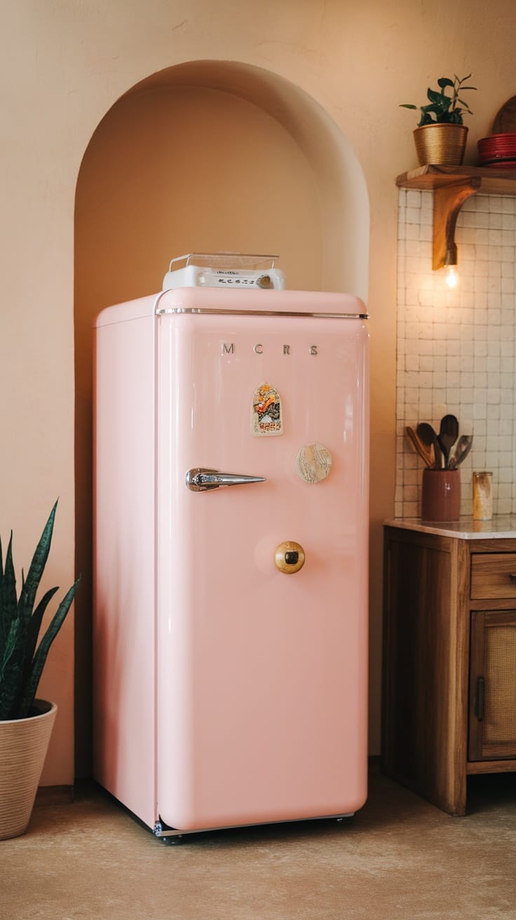A pink vintage refrigerator with decorative magnets in a cozy kitchen setting.