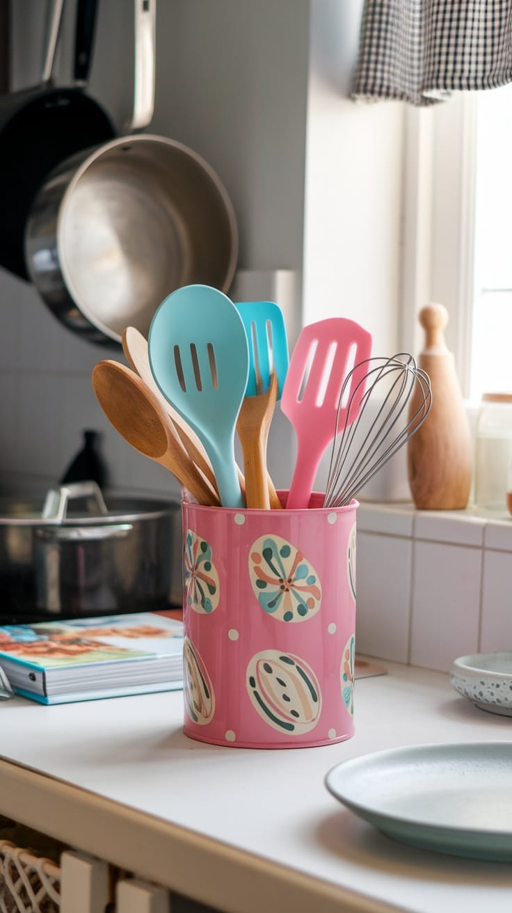 A colorful pink utensil holder filled with wooden and silicone cooking tools in a bright kitchen.
