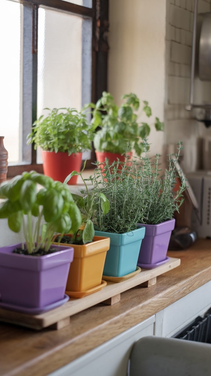 Colorful pots of herbs on a kitchen windowsill