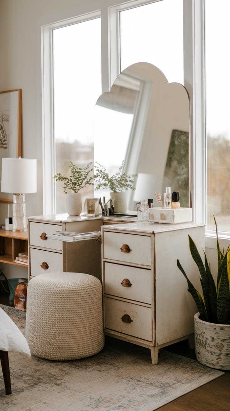 A vintage vanity with a round mirror and a knitted pouf in a cozy bedroom setting.
