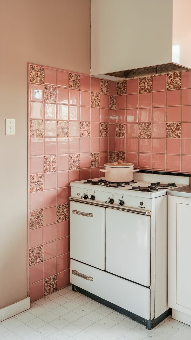 Retro pink kitchen with patterned backsplash and classic stove.