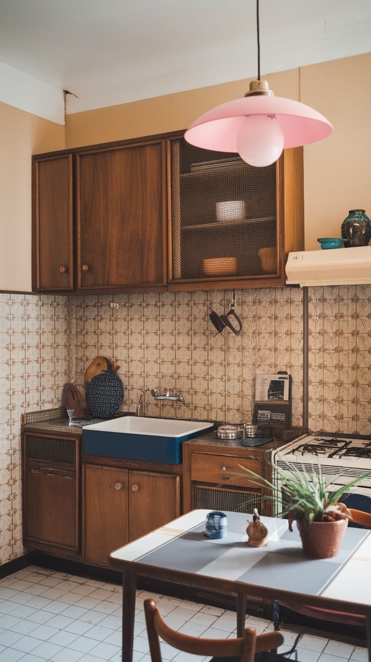 A cozy retro kitchen featuring pink lighting fixtures, wood cabinets, and patterned tiles.