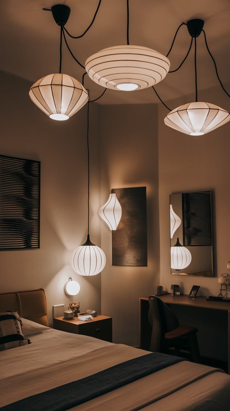 A beautifully lit bedroom featuring modern and vintage lighting fixtures, creating a cozy atmosphere.