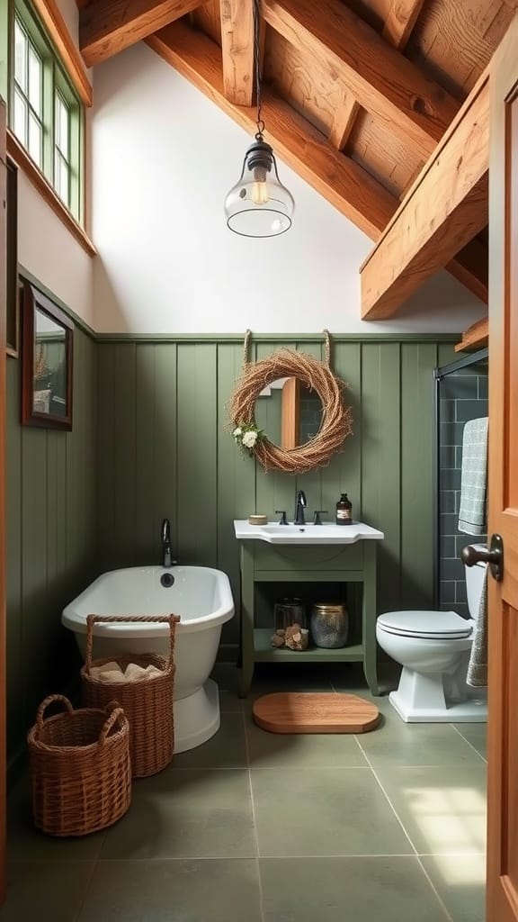Rustic bathroom design with olive green walls and wooden accents