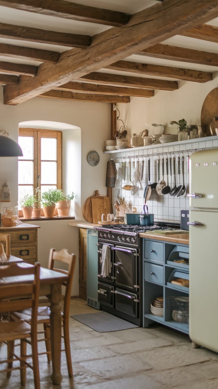 A rustic farmhouse kitchen featuring wooden beams, vintage stove, and blue cabinets.