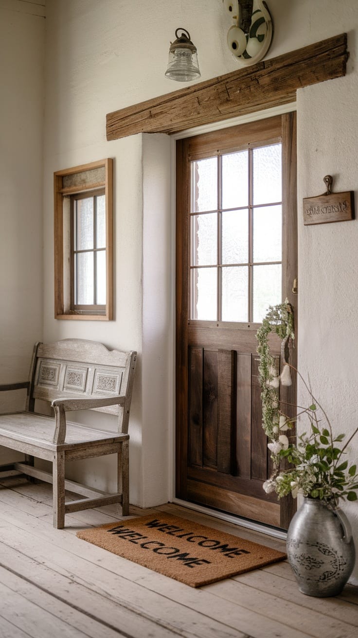 A rustic farmhouse entryway with a wooden door, bench, and a welcome mat.