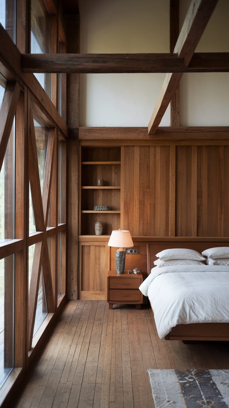 A cozy bedroom featuring rustic wooden accents, large windows, and soft bedding.