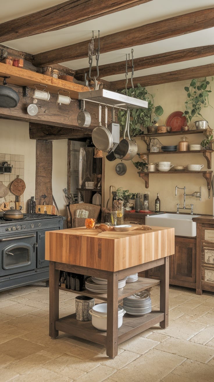 A rustic kitchen featuring wooden beams, an island, and wooden shelves filled with dishes.