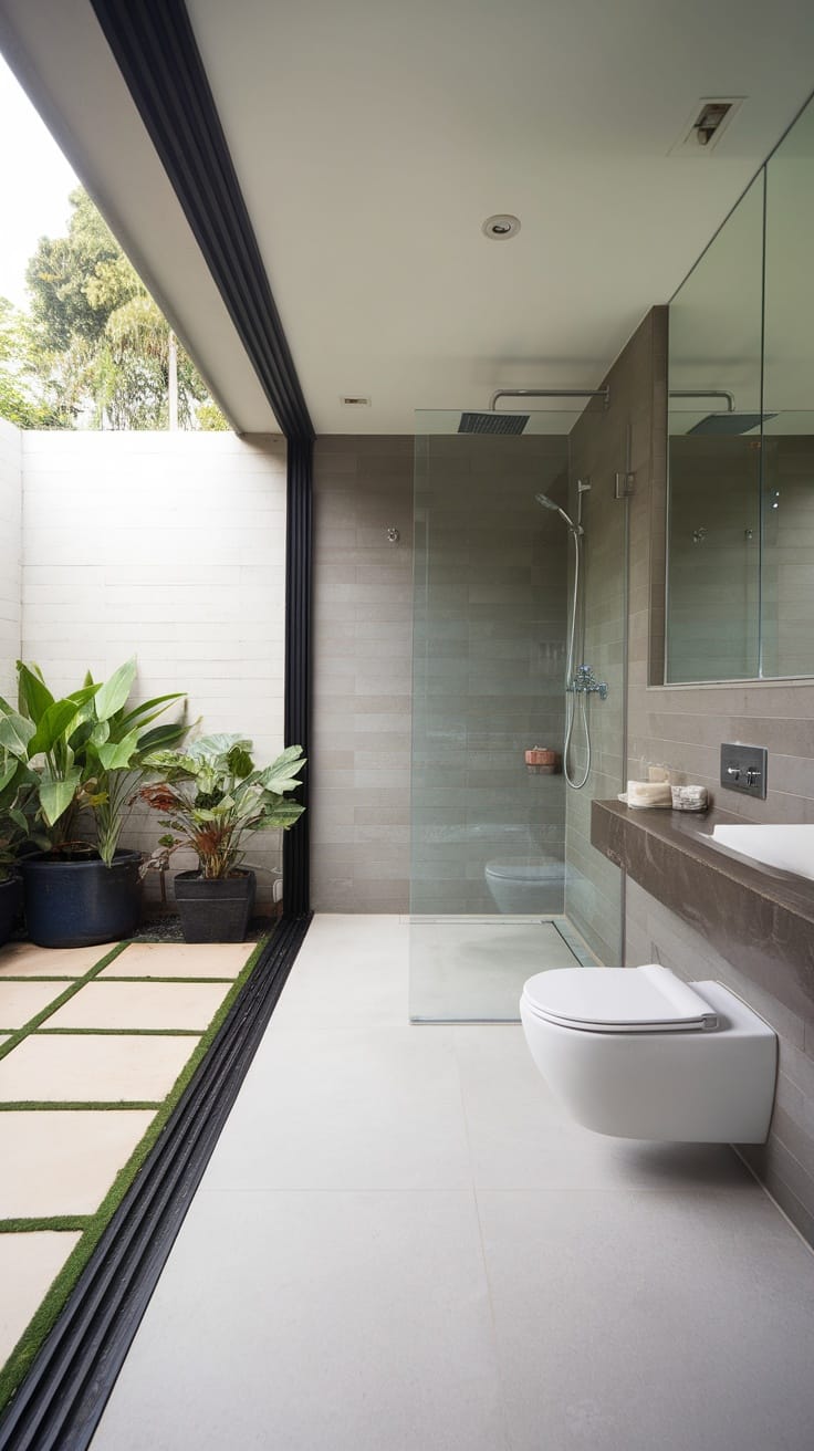Modern bathroom with seamless indoor-outdoor flow, featuring a shower, neutral tones, and plants