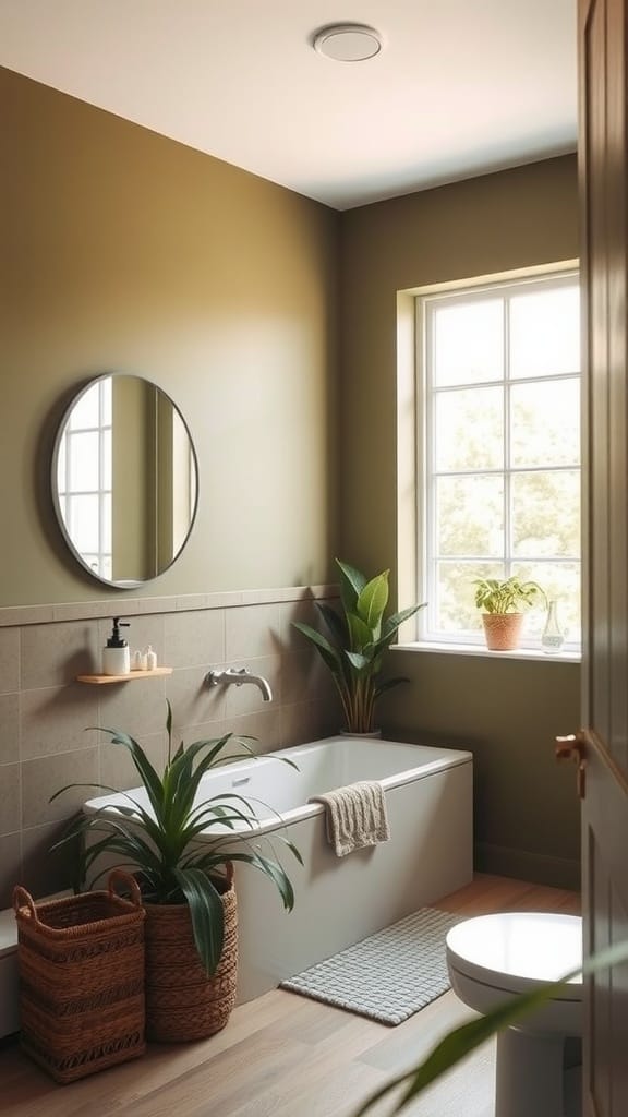 A serene bathroom with olive green walls, featuring a bathtub, plants, and a round mirror.