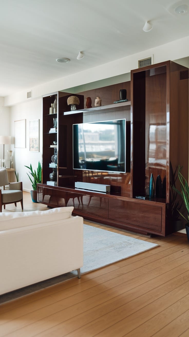 A modern living room featuring a sleek entertainment unit with a flat-screen TV, wooden console, and decorative items.