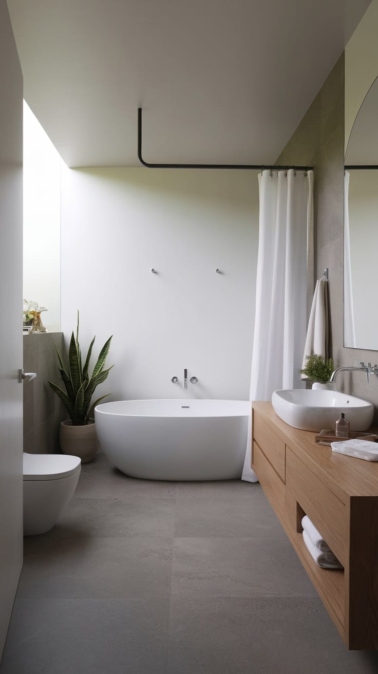 A modern minimalist bathroom featuring a freestanding tub, wooden vanity, and natural light.