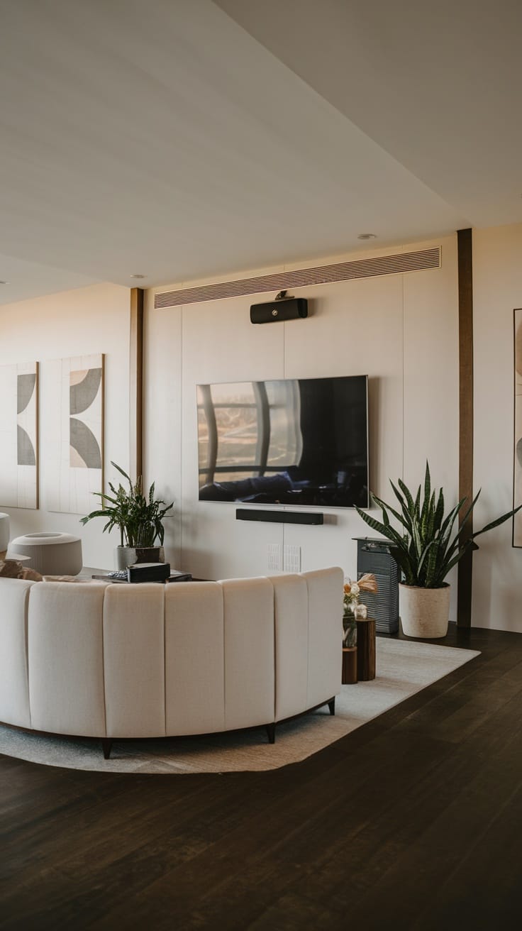 Modern living room with smart home features and sleek interior design.