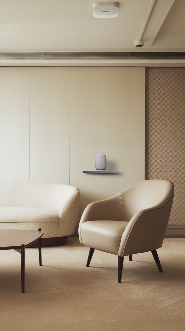 A modern living room featuring a cozy sofa, an elegant chair, and a smart speaker on the wall.