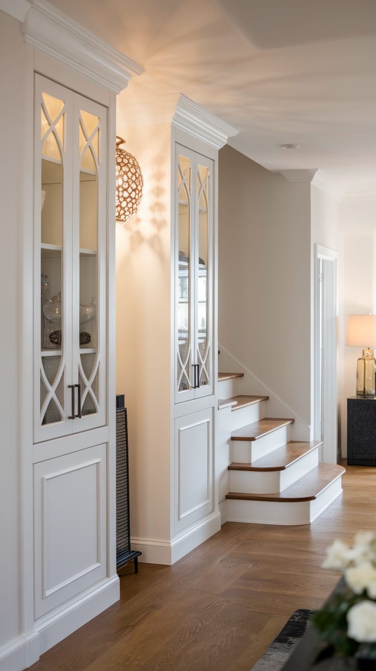 A modern hall featuring elegant cabinets with glass doors and stylish lighting.