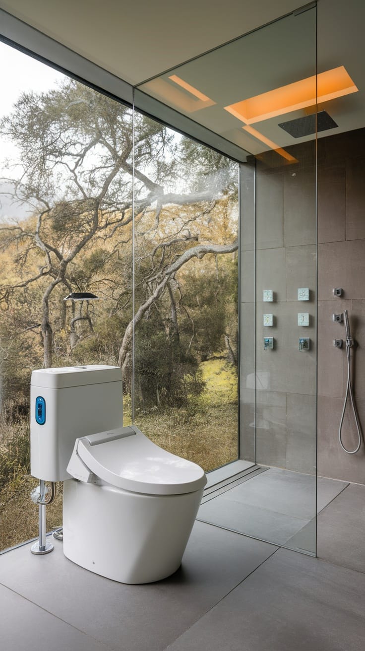 A modern bathroom featuring a high-tech toilet and sophisticated shower controls, with a view of nature through glass walls.