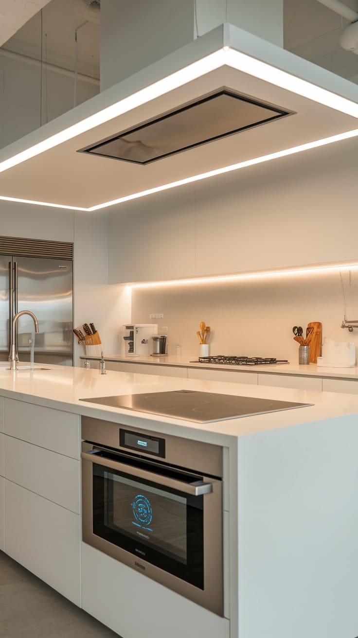 A modern kitchen featuring sleek appliances and smart technology integration.