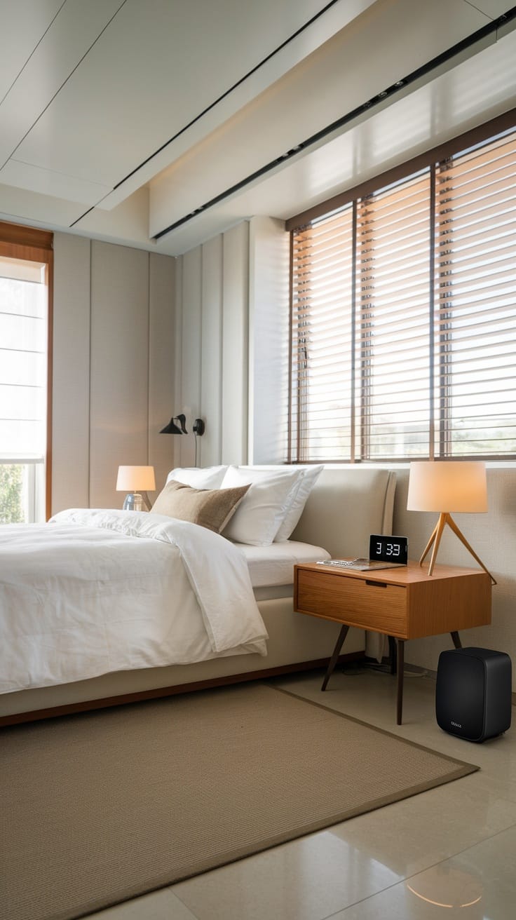 Stylish modern bedroom with smart technology integration, featuring a digital clock, elegant lighting, and a sound system.