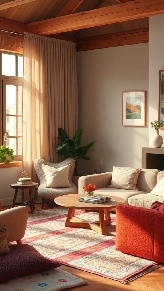 Cozy living room with soft lighting, rich jewel tones, and layered textiles