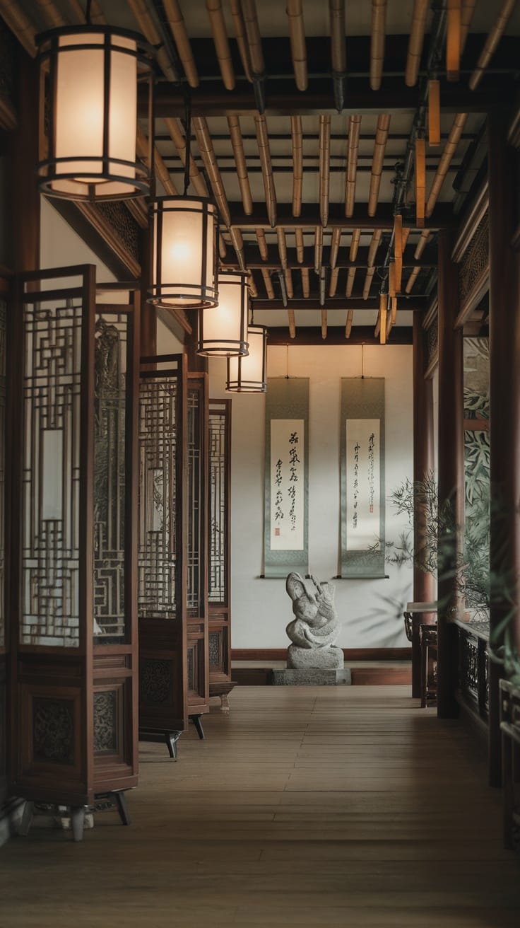 A sophisticated Asian-inspired hall featuring wooden panels, bamboo ceiling, and decorative lanterns.