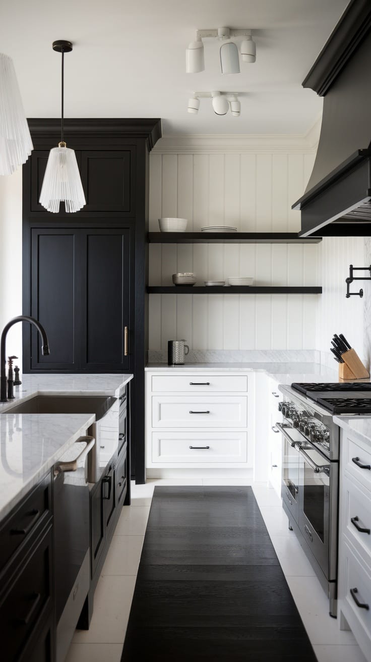 A modern kitchen with black and white cabinetry, featuring a blend of vintage and contemporary design elements.