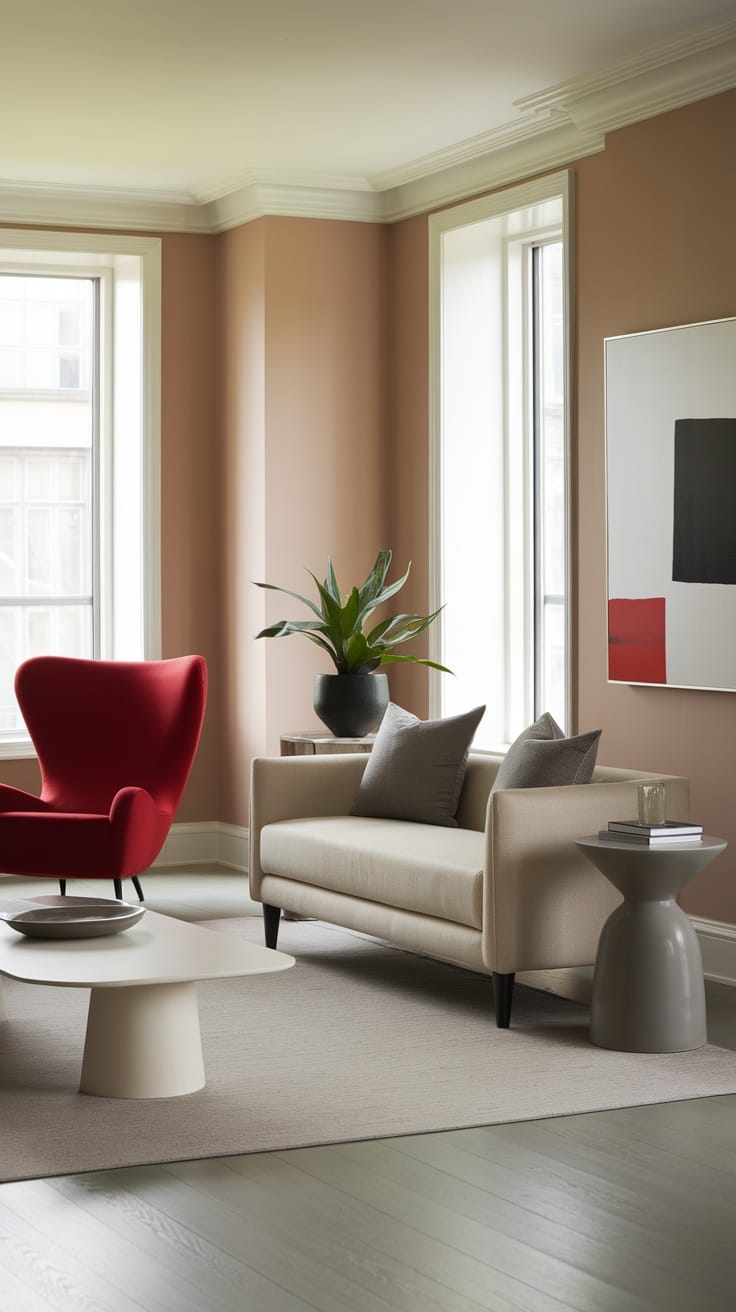 A modern living room featuring muted pink walls, a red accent chair, and a neutral sofa with textured pillows.