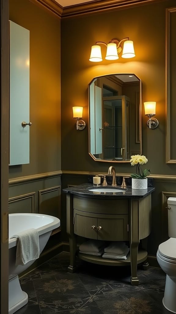 Sophisticated olive green bathroom with a stylish vanity and warm lighting