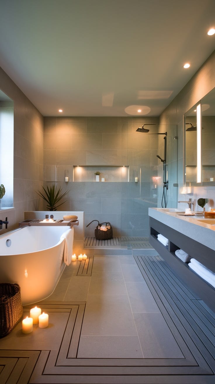 Modern bathroom design featuring a freestanding tub, neutral tones, and soft lighting