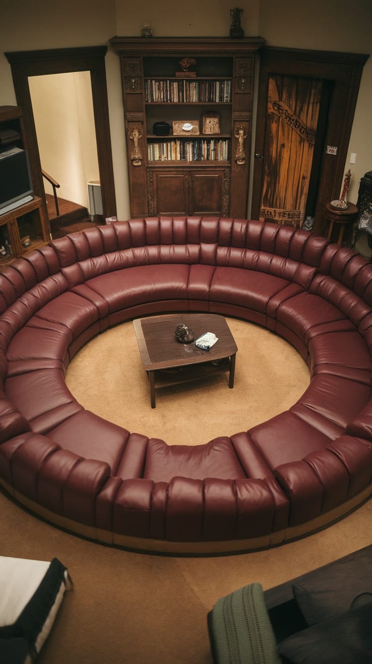 A spacious giant circular sofa surrounded by warm tones and a coffee table in the center.