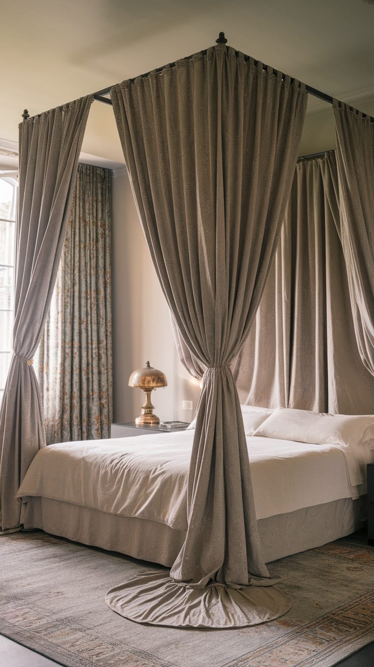 A stylish canopy bed with draped fabric, vintage lamp, and elegant curtains in a cozy bedroom.