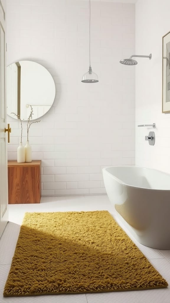 Cozy bathroom featuring a plush olive green rug next to a white bathtub and modern decor