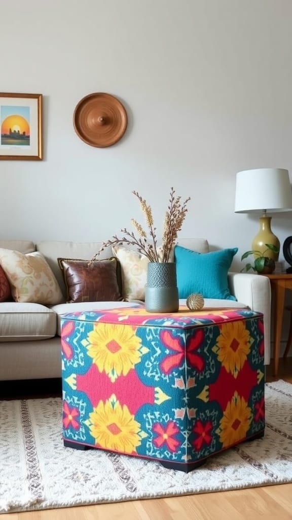 A stylish, colorful ottoman with floral patterns in a cozy living room setting.