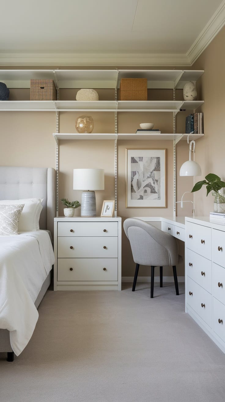 Stylish modern bedroom featuring elegant storage solutions.