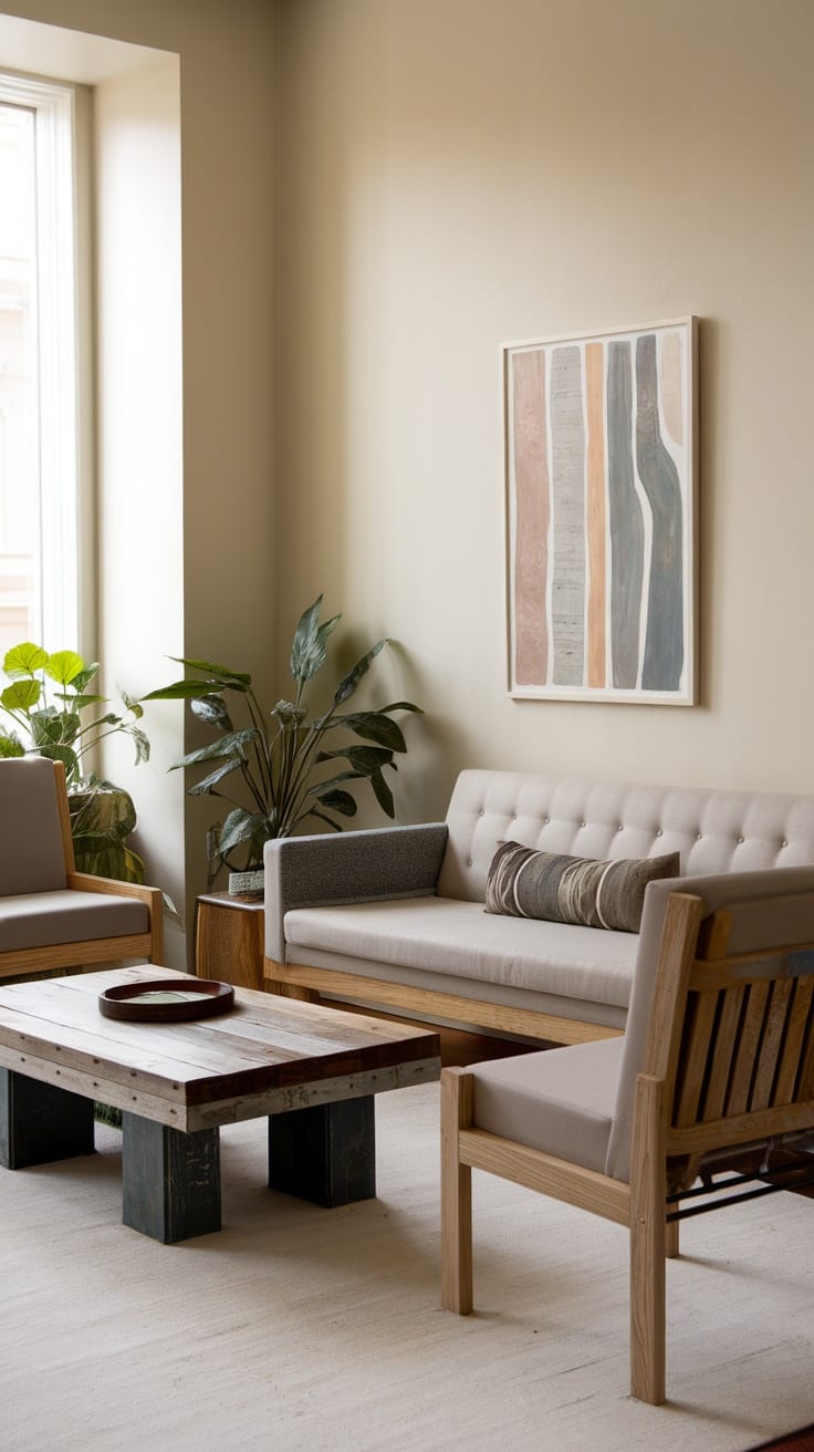 Modern living room with sustainable furniture and decor.