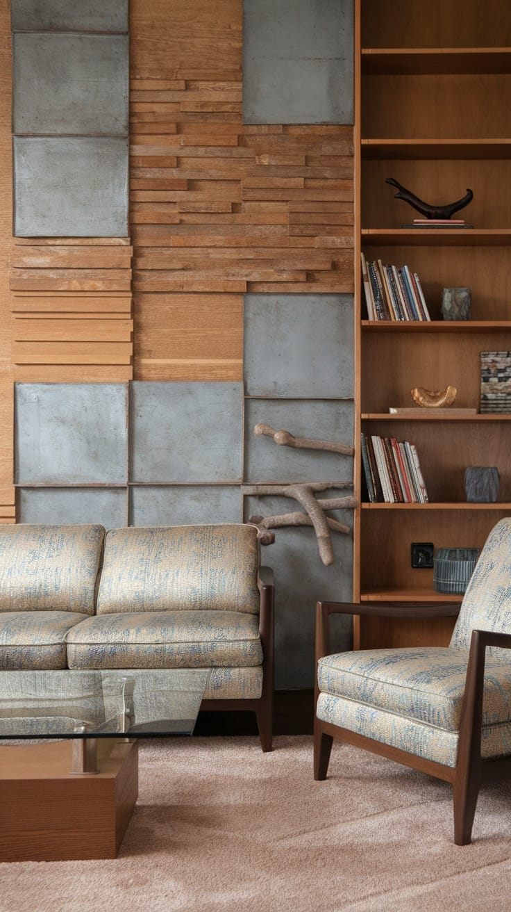 A modern living room featuring a textured accent wall with wooden and metal elements.