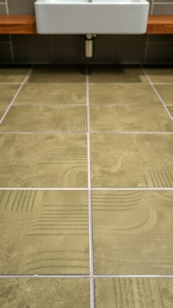 Textured olive green tiles on bathroom floor with a white sink above