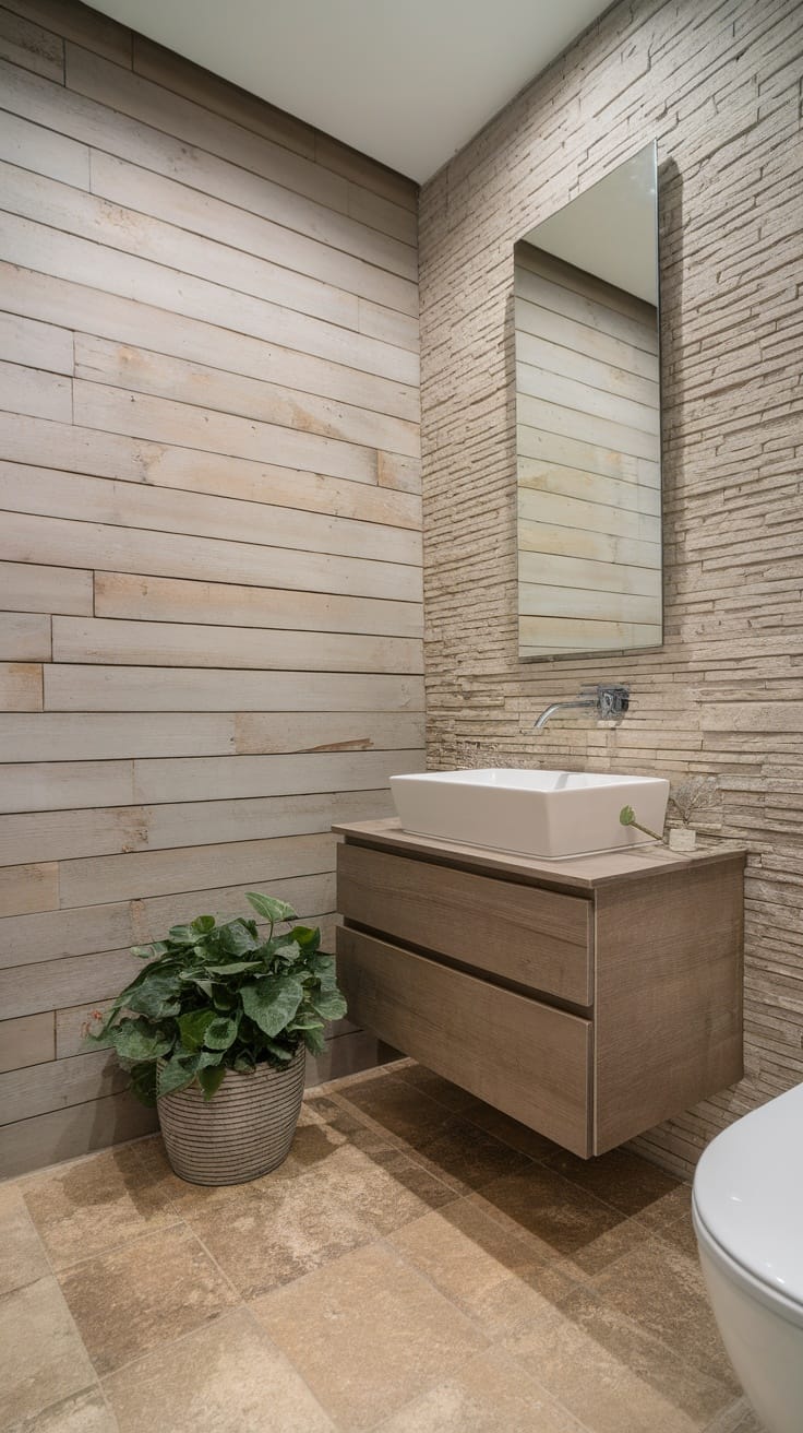 A modern bathroom with textured wall finishes, featuring wooden panels and stone-like texture, along with a plant and a stylish sink.