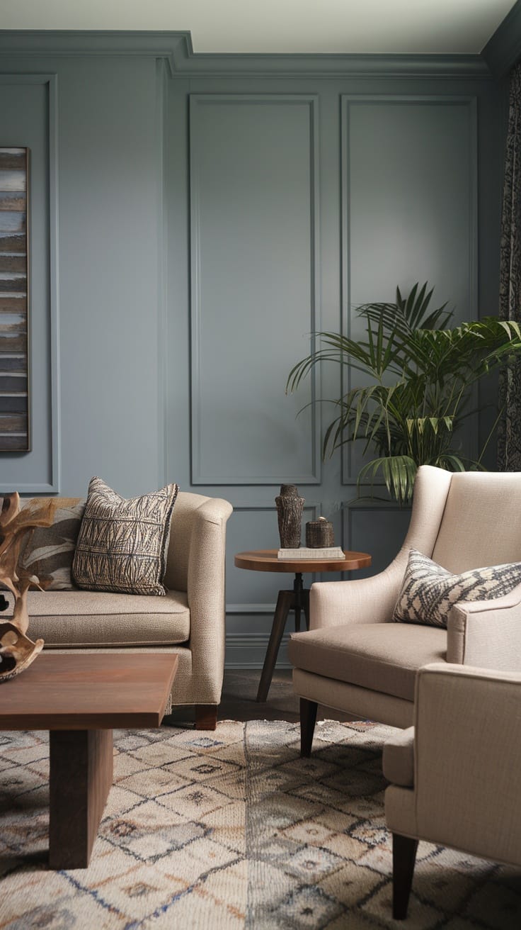 A modern living room with beige sofas, patterned pillows, a wooden coffee table, and a textured rug.