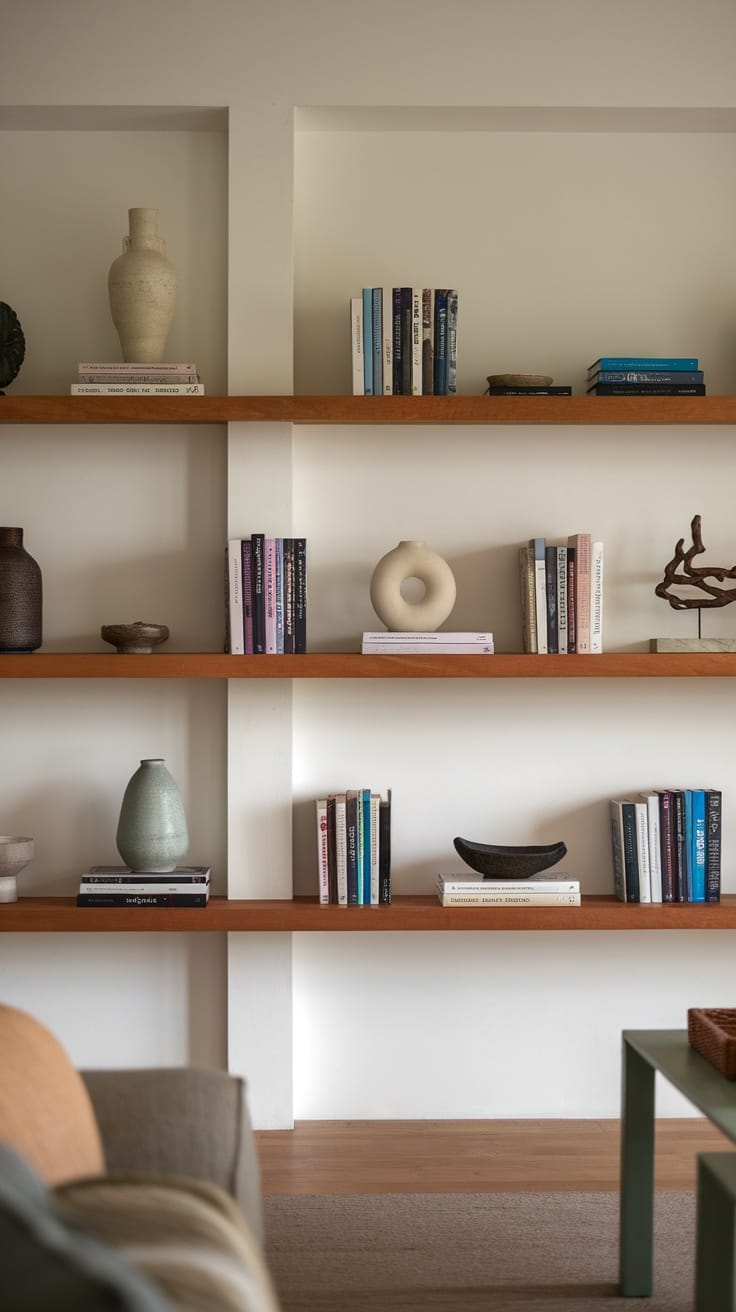A modern living room with shelves displaying books and decorative artifacts.
