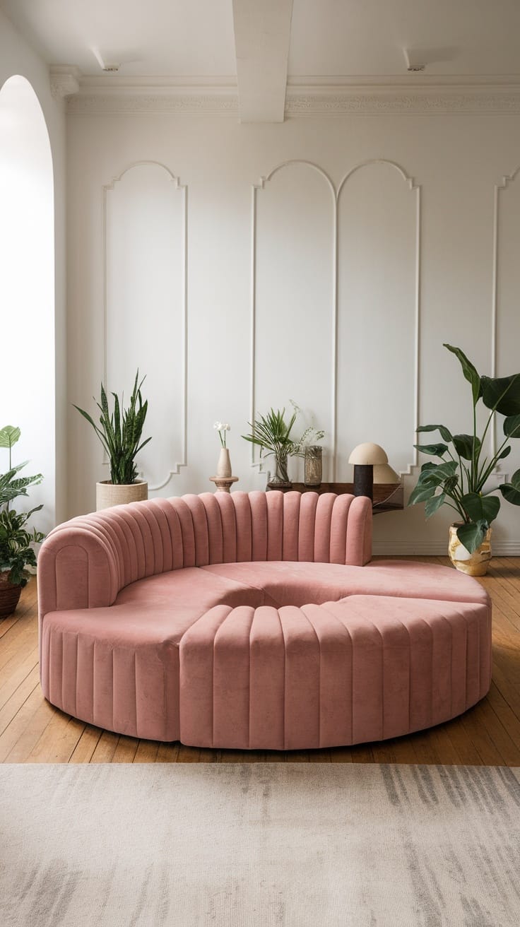 A giant circular pink sofa in a minimalistic room with plants and soft lighting.
