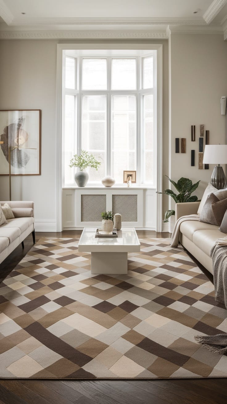 Modern living room featuring a geometric area rug in browns and neutrals, complementing sleek furniture and decor.