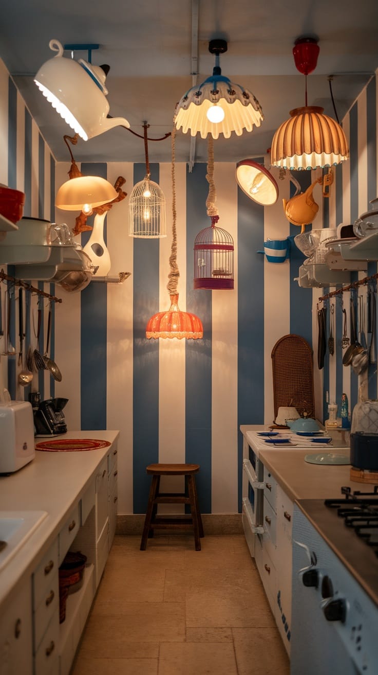 A colorful kitchen with unique light fixtures including a teapot and birdcage style lamps, against blue striped walls.