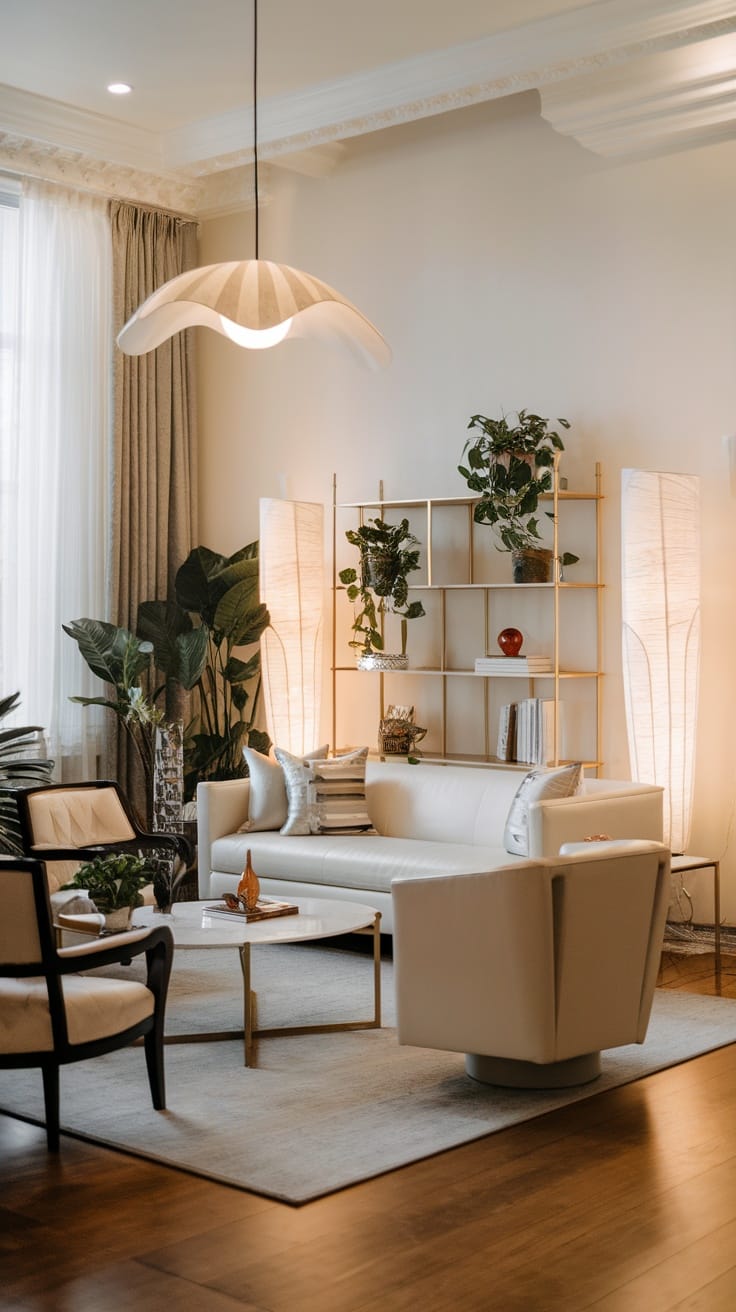 Modern living room with unique lighting fixtures